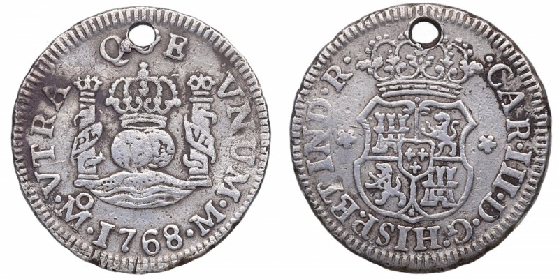 1768. Carlos III (1759-1788). México. 1/2 Real. Ag. 1,59 g. Agujero. BC+. Est.20...