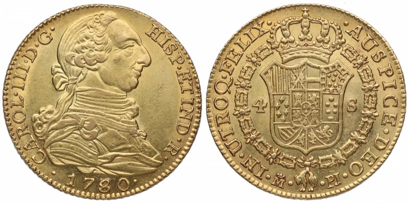 1780. Carlos III (1759-1788). Madrid. 4 Escudos. PJ. Au. 13,54 g. SC-. Est.900.