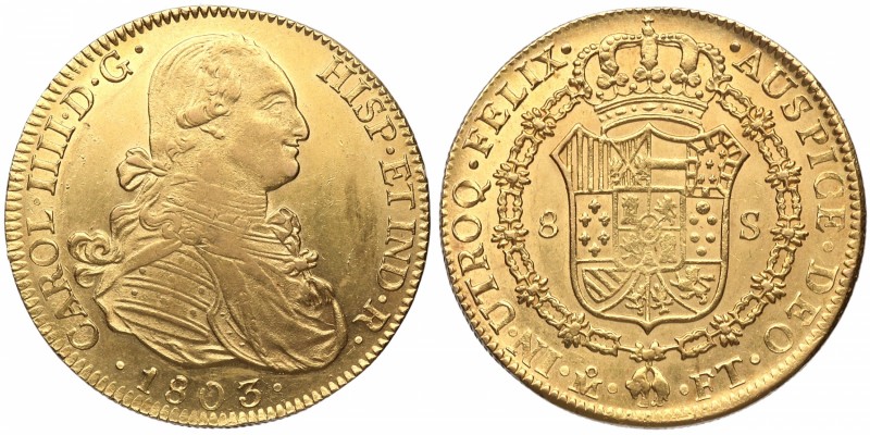 1803. Carlos IV (1788-1808). México. 8 escudos. FT. Au. Muy atractiva. EBC. Est....