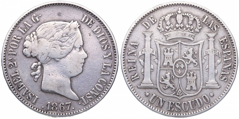 1867. Isabel II (1833-1868). 1 Escudo. Ag. 12,74 g. MBC+. Est.40.