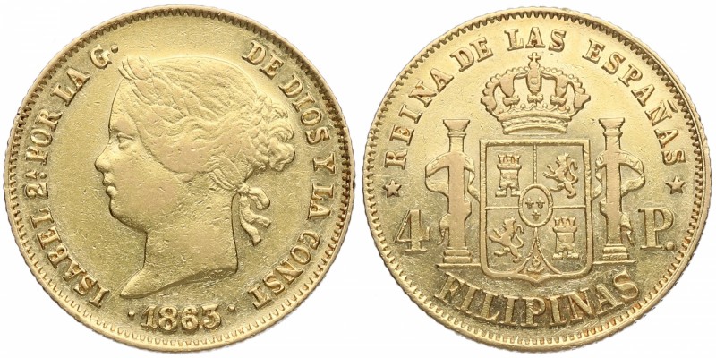 1863. Isabel II (1833-1868). Manila. 4 Pesos. Au. 6,78 g. MBC+ / EBC-. Est.375.