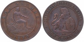 1870. España. Sexenio Democrático . 2 Céntimos. Cu-Ni. 1,93 g. EBC . Est.17.