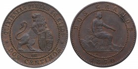 1870. I República. Barcelona. 2 céntimos. Cy 17922. Ae. EBC / EBC+. Est.15.