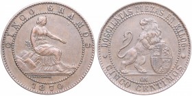 1870. Gobierno Provisional. 5 céntimos. Cu. 5,05 g. EBC. Est.50.