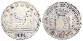 1870. Gobierno Provisional (1868-1870). Madrid. 50 céntimos. SNM. CY 17421. Ag. 2,51 g. Estrellas anepígrafas. MBC. Est.6.