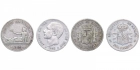 1869 y 1885*86. Gobierno Provisional y Alfonso XII (1874-1885). Madrid. Lote de 2 monedas: 1 peseta. NSM y MSM. CY 17422 y CY 17495. Ag. 5,05 g. Estre...