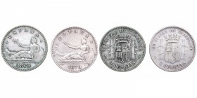 1869 *no visible y 1870*75. Gobierno Provisional (1868-1870). Madrid. Lote de dos monedas: 2 pesetas. SNM. CY 17512. Ag. 10,20 g. Estrella anepígrafa ...