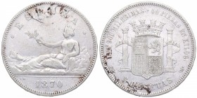 1870 *70. Gobierno Provisional (1868-70). Madrid. 5 pesetas. MS M. CY 17437. Ag. 25,05 g. Estrella muy borrada.. MBC. Est.30.