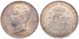 1871*71. Amadeo I (1871-1873). Madrid. 5 pesetas. SDM. Cy 12133. Ag. 24,87 g. Muy bella. Precioso color. SC. Est.300.