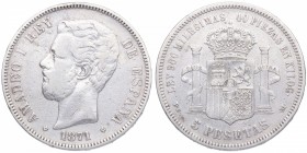 1871 *75. Amadeo I (1871-1873). Madrid. 5 pesetas. DE M. CY 17452. Ag. 25,05 g. MBC. Est.30.