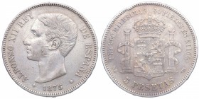 1875*75. Alfonso XII (1874-1885). Madrid. 5 pesetas. DEM. Cy 17590. Ag. MBC. Est.24.