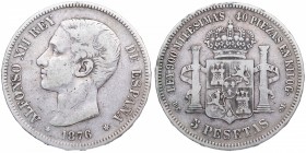 1876 *76. Alfonso XII (1874-1885). Madrid. 5 pesetas. DE M. CY 17504. Ag. 25,05 g. MBC. Est.30.