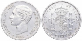 1881 *81. Alfonso XII (1874-1885). Madrid. 5 pesetas. MS M. CY 17510. Ag. 25,05 g. Estrellas anepígrafas. MBC. Est.30.