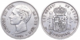1881 *81. Alfonso XII (1874-1885). Madrid. 5 pesetas. MS M. CY 17510. Ag. 25,05 g. MBC. Est.30.