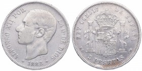 1882 *82. Alfonso XII (1874-1885). Madrid. 5 pesetas. MS M. CY 17512. Ag. 25,05 g. MBC. Est.30.