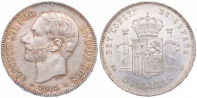 1883*83. Alfonso XII (1874-1885). Madrid. 5 pesetas. MSM. Cy 12133. Ag. 25,09 g. Muy bella. Precioso color. SC. Est.300.