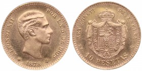 1878*62. Alfonso XII (1874-1885). Madrid. 10 pesetas. DEM. Au. Bellísima. Brillo original. SC / FDC. Est.190.