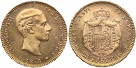 1878 *78. Alfonso XII (1874-1885). Madrid. 25 pesetas. DEM. AC 4556. Au. Insignificantes manchitas en anverso. Muy bella. SC. Est.375.