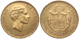 1879 *79. Alfonso XII (1874-1885). Madrid. 25 pesetas. EMM. AC 4556. Au. Muy bella. Brillo original. SC. Est.375.