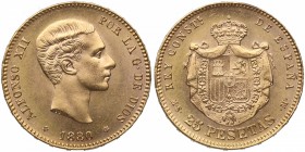 1880 *80. Alfonso XII (1874-1885). Madrid. 25 pesetas. MSM. AC 4558. Au. Muy bella. Brillo original. SC. Est.375.