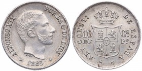 1885. Alfonso XII (1874-1885). Manila. 10 centavos de Peso. Cy 9302. Ag. 2,61 g. Bella. SC-. Est.100.