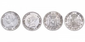 1889*8-9 y 1904*1-0. Alfonso XIII (1886-1931). Madrid. Lote de 2 monedas: 50 céntimos. MPM y PCV. CY 17593 y CY 17605. Ag. 2,51 g. MBC. Est.8.