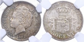 1894 *94. Alfonso XIII (1886-1931). Madrid. 50 céntimos. PGV. Cy 8453. Ag. Encapsulado en NGC en MS 64. SC. Est.150.