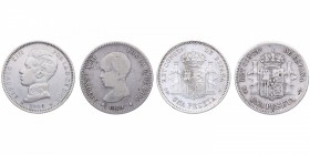 1889 y 1904*04. Alfonso XIII (1886-1931). Madrid. Lote de dos monedas: 1 peseta. MPM y SMV. CY 17608 y CY 17619. Ag. 5,05 g. Estrella anepígrafa en la...