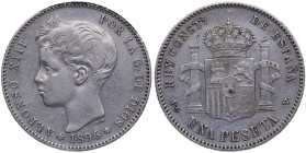 1896*96. Alfonso XIII (1886-1931). 1 peseta. PGV. Cy 15. Ag. 5,00 g. EBC-. Est.40.