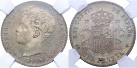 1896*96. Alfonso XIII (1886-1931). Madrid. 1 peseta. PGV. Cy 11404. Ag. Bellísima pátina. Muy escasa así. Graduada en NN-coins en MS 65. SC. Est.120....