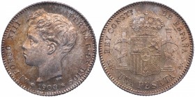 1900*00. Alfonso XIII (1886-1931). Madrid. 1 peseta. SMV. Cy 11405. Ag. 4,95 g. Bellísima pátina. SC. Est.100.
