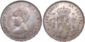 1889*89. Alfonso XIII (1886-1931). Madrid. 5 pesetas. MPM. Cy 8532. Ag. 25,04 g. Muy bella. Muy escasa así. SC. Est.400.