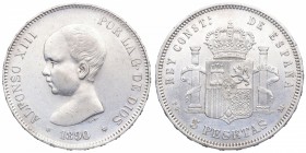 1890*90. Alfonso XIII (1886-1931). Madrid. 5 pesetas. PGM. Cy 17590. Ag. EBC. Est.60.