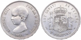 1891*91. Alfonso XIII (1886-1931). Madrid. 5 pesetas. PGM. Cy 17590. Ag. MBC / MBC+. Est.24.