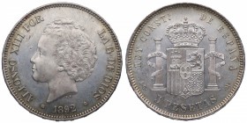 1892 *92. Alfonso XIII (1886-1931). Madrid. 5 pesetas. PGM. Cy 11443. Ag. 24,96 g. Insignificante marquita enfrente del busto. Muy rara así. Bellísimo...