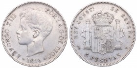 1896*96. Alfonso XIII (1886-1931). Madrid. 5 pesetas. PGV. Cy 17590. Ag. MBC+. Est.30.
