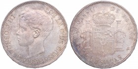 1898*98. Alfonso XIII (1886-1931). Madrid. 5 pesetas. SGV. Cy 12102. Ag. 24,86 g. Bellísima. Muy ESCASA así sin cascaditos. SC. Est.180.