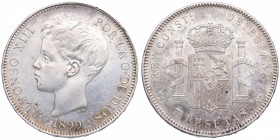 1899*99. Alfonso XIII (1886-1931). Madrid. 5 pesetas. DEM. Cy 17590. Ag. Golpecito, pero bella. EBC. Est.60.