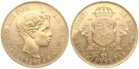1897*97. Alfonso XIII (1886-1931). Madrid. 100 pesetas. SGV. Cy 16555. Au. Muy escasa. EBC+. Est.1800.