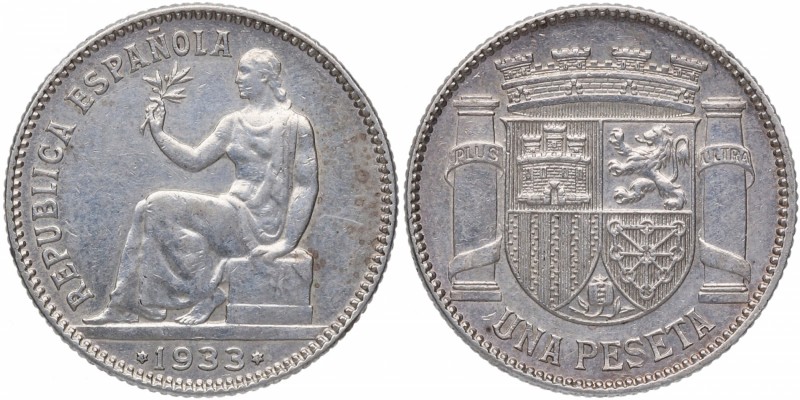 1933 (*34). Republica Española. 1 Peseta. Ag. 5,00 g. SC-. Est.30.