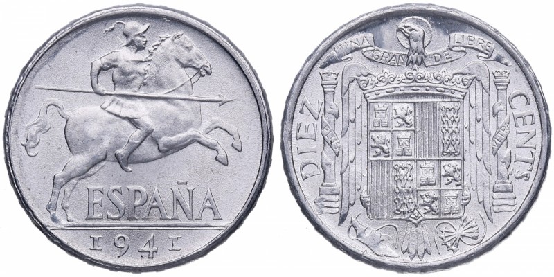 1941. Franco (1939-1975). Madrid. 10 céntimos. Cy 11302. Al. 1,88 g. Bellísima. ...