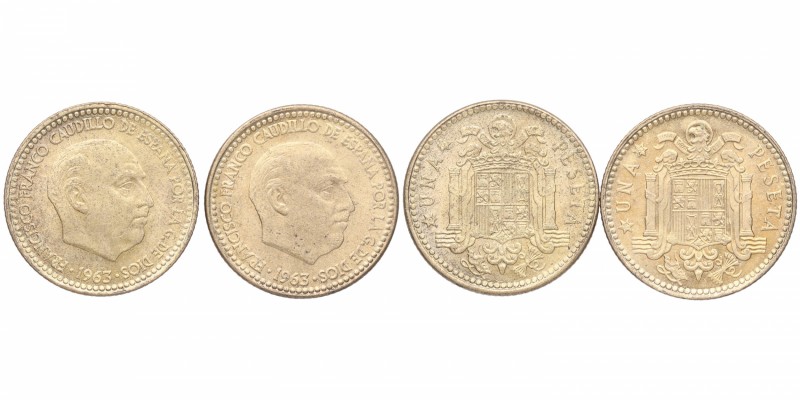 1963. Franco (1939-1975). Lote de 2 monedas de 1 Peseta. Cu-Ni. 3,59 g. SC. Est....