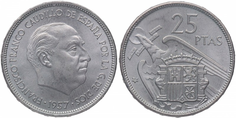 1957 *71. Franco (1939-1975). Madrid. 25 Pesetas. Cy 17871. Ni. 8,41 g. Escasa. ...