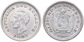 1897. Ecuador. 1/2 Décimo. KM 55,1. Ag. 1,23 g. SC. Est.20.