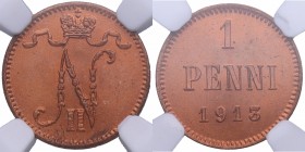 1913. Finlandia. 1 penni. Cu. Encapsulada en NGC en MS 66 RD. SC. Est.35.