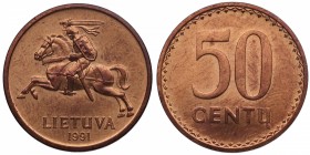 1991. Lituania. 50 Centas. KM 90. Ae. 3,01 g. SC. Est.14.