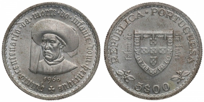 1960. Portugal. 5 escudos. KM 587. Ag. 7,06 g. SC. Est.18.