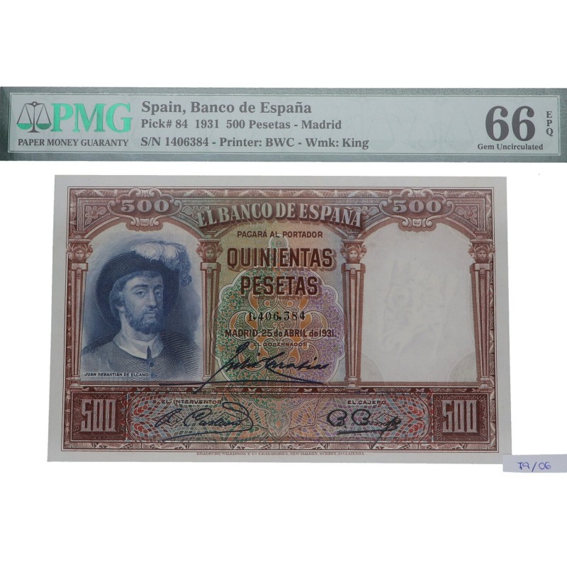 1931. II República (1931-1939). Juan Sebastián de Elcano. 500 pesetas. 84. Impre...