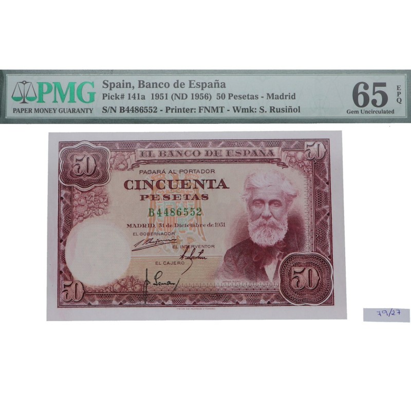 1951. Franco (1939-1975). Madrid. 50 pesetas. 141a.  Rusiñol. Encapsulado en PMG...