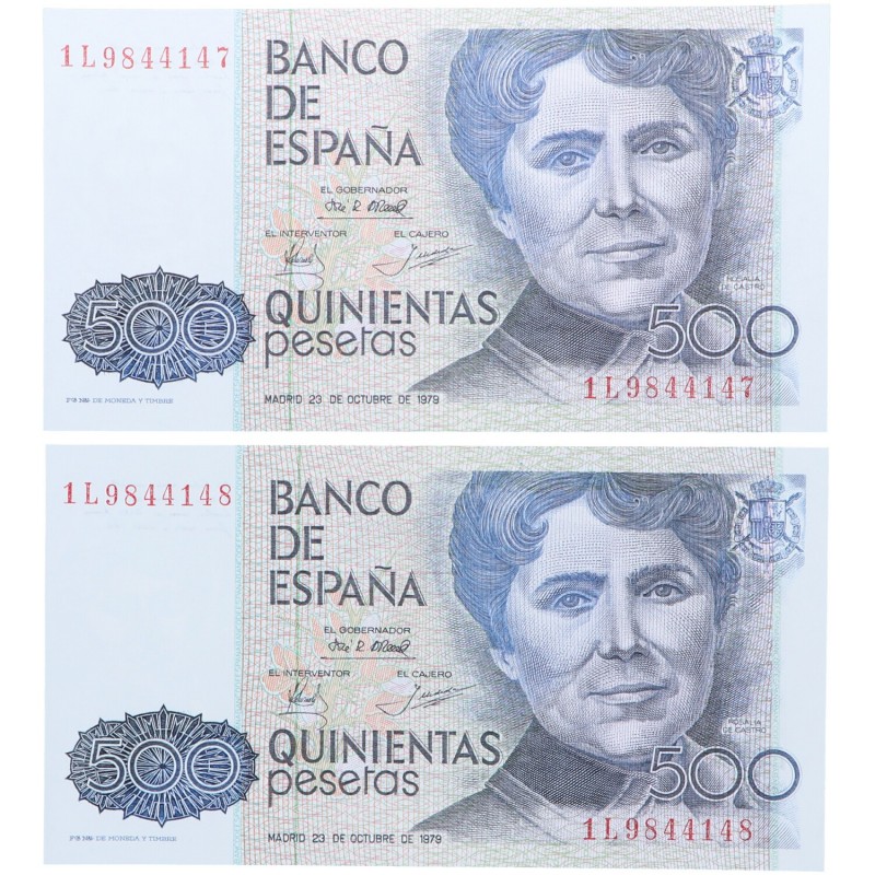 1979. Juan Carlos I (1975-2014). Madrid. 500 Pesetas, pareja correlativa. EDIFIL...